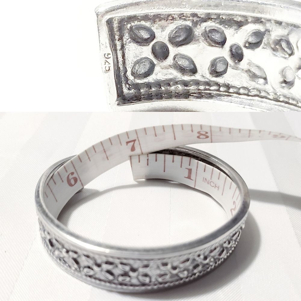 Vintage 925 Sterling Silver Flower embossed Art Deco Cuff Bangle 30 gram - Picture 9 of 13